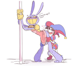 4_fingers anthro blush bodily_fluids crossgender cunnilingus duo female fingers heart_symbol larger_female looking_back looking_pleasured male male/female musk musk_cloud oral pole sex shaking shivering size_difference smaller_male smug_grin speech_bubble standing sweat sweatdrop vaginal shovelynnne glitch_productions the_amazing_digital_circus jax_(tadc) pomni_(tadc) humanoid lagomorph leporid mammal rabbit