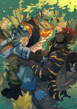 anthro clothed clothing crotch_grab dappled_light duo eye_contact fingerless_gloves forest forest_background fully_clothed gloves grope hand_on_crotch handwear licking licking_lips licking_own_lips light looking_at_another male male/male muscular muscular_anthro muscular_male nature nature_background plant sunlight tail tongue tongue_out tree zixiong hi_res