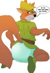 anthro biped black_nose blush clean_diaper clothed clothing dialogue diaper footwear fur green_clothing green_footwear green_shoes green_topwear hat headgear headwear looking_back male open_mouth open_smile orange_body orange_fur rear_view shoes simple_background smile solo speech_bubble tail text topwear wearing_diaper white_background daire301 disney robin_hood_(disney) robin_hood canid canine fox mammal red_fox true_fox 2023 digital_media_(artwork) english_text hi_res