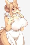 anthro apron big_breasts blue_eyes blush breasts brown_body brown_fur brown_hair clothing curvy_figure eyewear female fur glasses hair huge_breasts kemono nipple_outline simple_background solo standing voluptuous white_background sgsix canid canine canis domestic_dog mammal portrait three-quarter_portrait