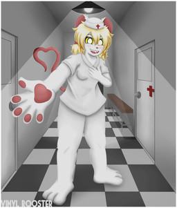 anthro biped border clothing female female_anthro front_view fur inside looking_at_viewer nurse_clothing smile smiling_at_viewer solo standing white_body white_border white_fur yellow_eyes vinylrooster terrible_mouse lorna_(terrible_mouse) mammal mouse murid murine rodent hi_res
