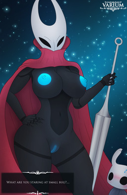 anthro areola big_breasts black_body black_eyes blush breasts cloak clothing duo female genitals glowing glowing_genitalia glowing_nipples hand_on_hip holding_object holding_weapon horn huge_breasts looking_at_viewer melee_weapon navel nipples presenting simple_background standing sword text thick_thighs topwear vulva weapon conditional_dnp varium hollow_knight_(franchise) team_cherry hornet_(hollow_knight) the_knight_(hollow_knight) arthropod insect vessel_(species) absurd_res digital_media_(artwork) english_text hi_res