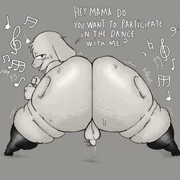 anthro balls big_butt bodily_fluids butt clothing dancing dialogue femboy fur genitals glistening glistening_butt huge_butt legwear looking_at_viewer male musical_note musical_symbol nude penis rear_view sagging_butt small_balls small_penis smile solo spread_legs spreading standing stockings sweat sweaty_butt symbol thick_thighs white_body white_fur wide_hips anothercat undertale undertale_(series) asriel_dreemurr bovid caprine goat mammal 1:1