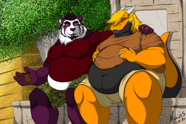 anthro belly belly_exposed big_belly big_moobs clothing detailed_background duo hand_on_belly happy laugh male moobs multicolored_body navel nours_(pandanours) obese obese_male open_mouth overweight overweight_male pandanours thick_thighs timcampy undersized_clothing blizzard_entertainment mythology warcraft bear dragon mammal mythological_creature mythological_scalie pandaren scalie 2021