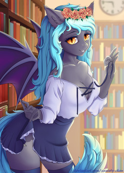 5_fingers absolute_territory accessory amber_eyes anthro bat_wings biped blue_hair book bookshelf bottomwear breasts cleavage clock clothed clothing clothing_lift eyebrows eyelashes female fingers flower flower_in_hair furniture grin hair hair_accessory inner_ear_fluff inside legwear library long_hair membrane_(anatomy) membranous_wings plant pose pupils skirt skirt_lift slit_pupils smile solo standing stockings teasing teeth text thigh_highs tuft wings anxiety-chan hasbro my_little_pony fan_character moon_bloom_(towed_jumper) bat_pony equid mammal 2018 absurd_res hi_res portrait three-quarter_portrait url