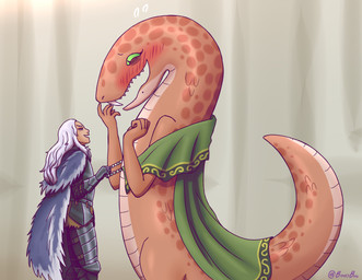 ambiguous_gender anthro arm_grab armor arms_bent biped blush cape cape_only capelet clothed clothing contiguous_snout duo earless eye_contact fangs fur_cape fur_clothing green_cape green_capelet green_clothing green_eyes grin hair hand_on_nose long_body long_hair long_neck looking_at_another looking_up mostly_nude nude open_mouth orange_body orange_scales pupils raised_hands raised_tail scales semi-anthro sharp_teeth simple_background size_difference slit_pupils smile snout standing tail tan_background tan_body tapering_tail teeth thick_tail ventral_scales white_hair bearyboo elden_ring fromsoftware zorayas human legged_snake mammal manserpent reptile scalie snake 2024 colored digital_drawing_(artwork) digital_media_(artwork) hi_res line_art shaded signature female_(lore)