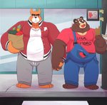 anthro belly bottomwear brown_body brown_fur clothing detailed_background duo fur hand_holding humanoid_hands male male/male outside overalls overweight overweight_male pants shirt topwear leothelionel the_human_heart_(game) cade_maplebottom rorik_dahl bear canid canine canis domestic_dog mammal 2020 hi_res