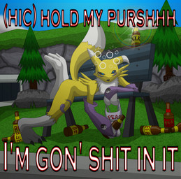 alcohol ambiguous_gender beer bench beverage drunk lens_flare lying moonshine on_bench on_front plant profanity purse rainbow rock solo substance_intoxication text tree xxx averageartist bandai_namco digimon dirty_renamon digimon_(species) renamon english_text hi_res image_macro meme