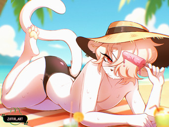 anthro beach blush bodily_fluids butt femboy food male one_eye_obstructed pawpads popsicle scar solo sweat ziffir biskit_(pouhi) felid feline mammal