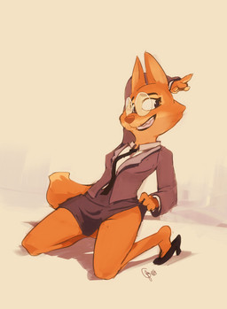 accessory anthro bottomwear clothed clothing clothing_lift eyewear female footwear furgonomics glasses heelpop high_heels jacket kneeling looking_aside looking_away loose_footwear necktie no_underwear shoes skirt skirt_lift solo tail tail_through_skirt topwear edtropolis dreamworks the_bad_guys diane_foxington canid canine fox mammal 2021 absurd_res hi_res