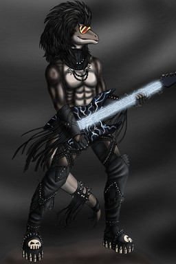 abs anthro armor backless_gloves bangs bevor black_hair boots bracers chain clothing electric_guitar electricity eyewear fingerless_gloves footwear gloves grey_background guitar hair handwear leather male muscular muscular_anthro muscular_male musical_instrument pecs plantigrade playing_guitar playing_music plucked_string_instrument shoes simple_background solo spikes string_instrument studs sunglasses tail fury98 lordstevie dinosaur dromaeosaurid lizard prehistoric_species reptile scalie theropod velociraptor dark_theme hi_res