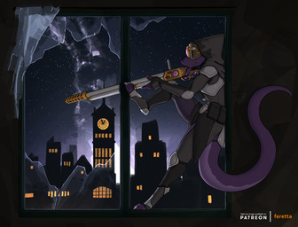 alternative_fashion armor belt broken_window city city_background cityscape clock clock_tower eyewear female goggles gun hood night purple_body purple_skin raised_leg ranged_weapon rifle sky sniper_rifle stealth_suit steampunk steampunk_goggles weapon window feretta kobold scalie 2025 digital_media_(artwork) hi_res