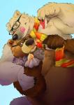 anthro belly brown_body brown_fur cute_fangs duo eyewear fangs food fur glasses kemono male overweight overweight_male scarf sushi teeth tongue tongue_out white_body white_fur daich bear mammal polar_bear ursine hi_res