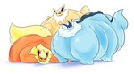 ambiguous_gender belly big_belly big_tail bodily_fluids feral fin fluffy fluffy_tail huge_belly huge_tail huge_thighs hyper hyper_belly hyper_thighs morbidly_obese morbidly_obese_feral neck_tuft obese obese_feral overweight overweight_feral sweat tail tears thick_thighs tuft weighty-kyte nintendo pokemon eeveelution flareon generation_1_pokemon jolteon pokemon_(species) vaporeon hi_res