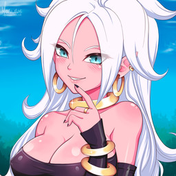 armwear blue_eyes blush breasts cleavage clothed clothing cloud day ear_piercing ear_ring female hair humanoid_pointy_ears long_hair not_furry piercing pink_body pink_skin pointy_ears ring_piercing sky solo white_hair meru_rumi dragon_ball dragon_ball_fighterz toei_animation android_21 majin_android_21 alien alien_humanoid humanoid majin 1:1 2021 signature