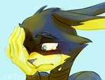 anthro black_body black_fur blue_eyes bodily_fluids crying ears_back ears_down eyebrows frown fur hand_on_face looking_away looking_down male one_eye_closed one_eye_obstructed pivoted_ears sad solo teardrop tears thick_eyebrows yellow_body yellow_fur saffronic loonatics_unleashed looney_tunes warner_brothers ace_bunny lagomorph leporid mammal rabbit 2019 bust_portrait portrait