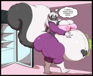 anthro appliance barefoot belly belly_expansion belly_overhang big_belly big_breasts big_butt big_navel big_tail biped black_body black_border black_fur black_nails bloated border bottomwear breasts butt cleavage clenched_teeth clothed clothing colored_nails expansion feet female fluffy fluffy_tail fridge fridge_raid frown fur hair hand_on_belly hand_on_own_belly heart_(marking) huge_belly huge_breasts huge_butt huge_hips hyper hyper_belly inside jacket kitchen_appliance looking_back markings multicolored_body multicolored_fur nails navel obese obese_anthro obese_female onomatopoeia open_clothing open_fridge open_jacket open_topwear outie_navel overweight overweight_anthro overweight_female pants purple_eyes rumbling_stomach shirt solo sound_effects stuffing tail teeth text text_on_clothing text_on_shirt text_on_topwear thick_thighs thought_bubble topwear two_tone_body two_tone_fur undersized_clothing walking white_body white_fur white_hair wide_hips worried deonwolf jessica_(coaster14) mammal mephitid skunk 2025 absurd_res digital_drawing_(artwork) digital_media_(artwork) english_text hi_res signature