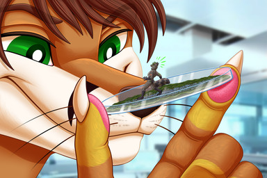 anthro brown_hair brown_whiskers city city_crushing city_destruction claws closed_smile destruction duo extreme_size_difference fingers fur glass green_eyes green_hair hair holding_another laboratory_equipment laboratory_glassware looking_at_another macro macro_anthro macro_focus macro_male male male/male markings micro micro_male mouth_closed multicolored_body multicolored_fur open_mouth petri_dish scientific_instrument size_difference size_tiering smile striped_markings striped_tail stripes tail tail_markings two_tone_body two_tone_fur whiskers white_claws furrypur canid canine fox mammal procyonid raccoon hi_res