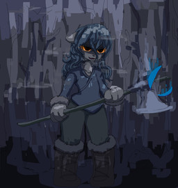 4_fingers anthro axe big_hands black_nose blue_hair boots clothed clothed_anthro clothing creepy ears_back female fingers fog footwear forest forest_background fur fur_boots glistening glistening_eyes grey_body grey_fur hair holding_axe holding_object long_hair melee_weapon nature nature_background orange_eyes pivoted_ears plant shoes solo thick_thighs tree weapon wide_hips commonbleat unknown_species 2022 full-length_portrait hi_res portrait male_(lore)