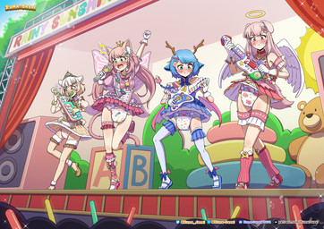 annoyed antlers blue_hair clean_diaper clothed clothing crown diaper electronics feathered_wings feathers group hair headgear horn insect_wings keyboard_instrument lepidopteran_wings microphone musical_instrument object_in_mouth pacifier pacifier_in_mouth pink_hair playing_music singing stage tiara toy_guitar wearing_diaper wetness_indicator white_hair wings kuma-dasai canid canine deer felid feline humanoid mammal absurd_res hi_res