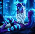 animal_genitalia animal_penis anthro ball_tuft balls bed bed_sheet bedding bedroom big_ears black_nose blue_balls blue_body blue_eyes blush bottomless canine_genitalia canine_penis city city_background cityscape clothed clothing cyberpunk detailed_background femboy fur furniture genitals glowing glowing_eyes hoodie hoodie_only leg_warmers legwear male on_bed penis penis_tip pink_penis purple_body purple_fur raining sheath shy sitting sitting_on_bed solo topwear topwear_only tuft white_clothing white_hoodie white_topwear window wolfrayay cody_(wolfrayay) canid canine canis mammal wolf detailed