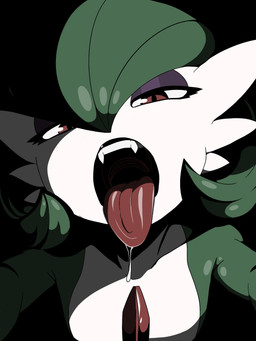 ambiguous_gender black_background black_lipstick bodily_fluids chest_spike dripping drooling eyeshadow fangs featureless_chest female flat_chested green_hair hair hair_between_eyes half-closed_eyes lipstick looking_at_viewer makeup mouth_shot narrowed_eyes open_mouth purple_eyeshadow red_eyes saliva saliva_drip saliva_on_tongue simple_background solo spikes spikes_(anatomy) tears teeth tongue tongue_focus tongue_out white_body erisrenatus nintendo pokemon gardevoir generation_3_pokemon humanoid pokemon_(species) 3:4 hi_res