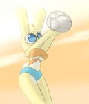 anthro blue_eyes breasts clothing female fur long_ears raised_arms sky skyscape solo sport swimwear text thick_thighs under_boob volleyball yellow_body yellow_fur guak amy_hope_(guak) humanoid lagomorph leporid mammal rabbit orange_theme