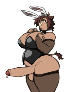 5_fingers anthro armwear balls bodily_fluids bottomwear breasts clothing collar dripping erection facial_horn fake_ears fake_rabbit_ears fingers genital_fluids genitals gesture gynomorph hair hand_gesture horn humanoid_genitalia humanoid_penis intersex legwear nose_horn penis precum precum_drip simple_background solo standing tail tail_tuft thick_thighs topwear tuft v_sign white_background wide_hips analon_(artist) rhinolon_(analon) mammal rhinoceros low_res