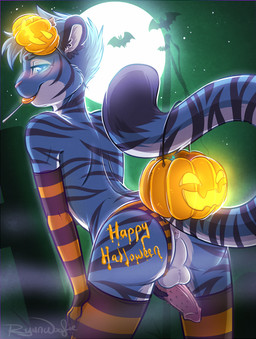 adolescent animal_genitalia animal_penis anthro anus armwear backsack balls belly bent_over blue_body blue_fur blush body_writing butt candy clothing clothing_aside dessert elbow_gloves erection feline_genitalia feline_penis femboy food fruit fur genitals gloves half-closed_eyes hand_on_leg hand_on_thigh handwear holding_penis holidays jack-o'-lantern lamp lantern legwear lollipop looking_at_viewer looking_back male moon narrowed_eyes night outside panties panties_aside pattern_clothing pattern_legwear penile_spines penis penis_backwards perineum plant pumpkin rear_view seductive shota smile solo stockings striped_clothing striped_legwear stripes tail thigh_highs underwear underwear_aside white_belly writing_on_butt young young_anthro ryunwoofie halloween blinx_(frostsheep) felid mammal pantherine tiger 2014 hi_res