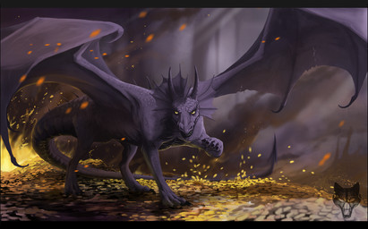 ambiguous_gender blurred_background claws coin detailed_background feral fire gold_(metal) gold_coin horn long_tail looking_at_viewer membrane_(anatomy) membranous_wings purple_body purple_scales quadruped scales shadow smoke solo spines tail teeth treasure wings yellow_eyes oneminutesketch european_mythology mythology dragon mythological_creature mythological_scalie scalie western_dragon 2015 digital_media_(artwork) digital_painting_(artwork) painting_(artwork) shaded