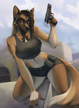 anthro biped bottomwear breasts claws clothed clothed_anthro clothed_female clothing cloud countershade_torso countershading day female fingers front_view fully_clothed fully_clothed_anthro fully_clothed_female fur gun hair holding_gun holding_object holding_ranged_weapon holding_weapon inner_ear_fluff looking_at_viewer navel outside pants ranged_weapon sky solo tail topwear tuft weapon cheudl canid canine canis domestic_dog mammal 2026 digital_drawing_(artwork) digital_media_(artwork) hi_res