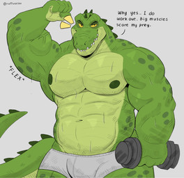 anthro barazoku biceps big_muscles big_pecs bodily_fluids bulge clothed clothing deltoids exercise forearm_muscles front_view green_body green_scales male muscular muscular_anthro muscular_male nipples non-mammal_nipples pecs scales sharp_teeth solo spiked_tail spikes spikes_(anatomy) sweat tail teeth text underwear underwear_only weightlifting workout yellow_sclera ruffusbleu johnny_the_alli-gay-tor alligator alligatorid crocodilian reptile scalie english_text hi_res