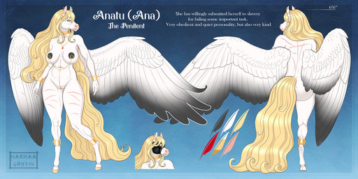 anthro big_breasts blonde_hair breasts clitoris clitoris_piercing collar cuff_(restraint) ear_piercing ear_ring female gem genital_piercing genitals gold_(metal) hair jewelry nipple_chain nipple_piercing nipple_ring nipples piercing restraints ring_piercing ruby_(gem) sad scar shackles slave solo wavy_hair white_body wings yellow_eyes harmaagriffin mythology angel equid equine mammal mythological_creature mythological_equine pegasus hi_res model_sheet