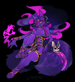 3_eyes anthro big_breasts blue_sky bodily_fluids body_hair breasts butt clothed clothing eyebrows female female_anthro fluffy fluffy_tail fur hair horn jewelry kemono long_hair looking_at_viewer multi_eye necklace pawpads purple_body purple_eyes purple_fur purple_hair purple_horn sky solo tail thick_eyebrows thick_thighs tuft men_cho7 rein_d'ariette barghest canid canine demon fox mammal absurd_res digital_media_(artwork) hi_res