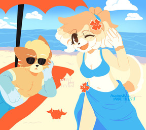 5_fingers anthro beach bikini bikini_bralette bikini_dress bikini_skirt bikini_top blue_body blue_fur blush blush_lines breasts canon_couple cleavage clothed clothing duo eyelashes female feral fingers fur hair husband_and_wife long_eyelashes long_hair male male/female married_couple navel one_eye_closed orange_body orange_fur ponytail romantic romantic_couple sarong seaside swimming_trunks swimwear tail tuft two-piece_swimsuit water anxiousbeba bluey_(series) ludo_studio frisky_(bluey) radley_heeler aquatic arthropod australian_cattle_dog bird_dog canid canine canis cattledog cocker_spaniel crab crustacean decapod domestic_dog herding_dog hunting_dog malacostracan mammal pastoral_dog spaniel digital_media_(artwork) hi_res