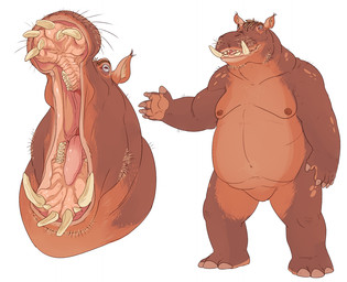 anthro areola brown_areola brown_body brown_eyebrows brown_nipples brown_skin eyebrows featureless_crotch front_view glistening glistening_eyes glistening_tongue horizontal_pupils male moobs mouth_shot nipples nude open_mouth orange_body orange_skin overweight overweight_anthro overweight_male pink_tongue plantigrade pupils solo teeth tongue unsigned swampjaws common_hippopotamus hippopotamid mammal