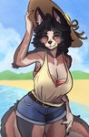 anthro beach belt big_breasts black_body black_fur bottomwear bra_strap breasts brown_body brown_fur clothing countershading day denim denim_bottomwear denim_clothing denim_shorts domestic female fingers fluffy fluffy_tail fur hat headgear headwear inner_ear_fluff nails outside pink_eyes seaside shorts sky solo sun_hat tail tan_body tan_fur tuft michisamael aina_(knives4cats) canid canine canis domestic_dog mammal mixed_breed utonagan digital_media_(artwork) hi_res shaded