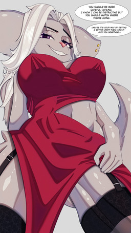 anthro clothed clothed_female clothing dress ear_piercing female fur garter_straps grey_body grey_fur hair low-angle_view navel nipple_outline piercing pink_nose purple_eyes red_clothing red_dress solo tail text white_hair maximuseditor ratchet_and_clank sony_corporation sony_interactive_entertainment lombax mammal 4k 9:16 absurd_res english_text hi_res