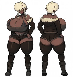 anthro big_breasts big_butt biped bra breasts brown_body butt cigarette cleavage clothed clothing female female_anthro footwear front_view fur hair hair_over_eye huge_breasts jacket legwear looking_at_viewer rear_view shirt shoes simple_background solo standing stockings thick_thighs tongue tongue_out topwear underwear white_background white_hair wide_hips wool_(fur) yellow_eyes zak_hitsuji nintendo pokemon dolly_(jiqqy) bovid caprine generation_8_pokemon mammal pokemon_(species) sheep wooloo 2023 colored digital_drawing_(artwork) digital_media_(artwork) full-length_portrait hi_res model_sheet portrait shaded
