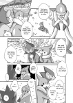 buizel comic dialogue digital_media_(artwork) duo eating english_text felid female feral floatzel food fruit generation_4_pokemon greyscale luxio luxray male mammal mikaduki_karasu monochrome nintendo plant pokemon pokemon_(species) rozelyn_the_floatzel_(mischievous-skunk) tail text