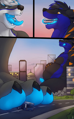 anthro belly big_belly black_body black_claws black_fur black_hair black_nose blue_hair blue_markings blue_pawpads blue_penis blue_tongue city_destruction claws destruction erection eyes_closed fur genitals grey_body grey_eyes grey_fur group hair licking licking_lips licking_own_lips macro male male_anthro markings multicolored_hair nude open_mouth orange_eyes orange_markings pawpads penis side_view sitting size_difference tongue tongue_out two_tone_hair white_hair solaxe_(artist) canid canine mammal 5:8 comic hi_res