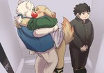 anthro black_hair blush bottomwear clothing eyes_closed eyewear glasses group hair hoodie hug kemono kissing male male/male overweight overweight_male pants scarf shirt topwear reo_oil lifewonders tokyo_afterschool_summoners chubby_protagonist_(tas) cu_sith_(tas) leib_(tas) protagonist_(tas) bear canid canine canis domestic_dog human mammal polar_bear ursine 2021 absurd_res hi_res