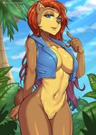 anthro areola big_breasts blue_eyes blush breasts brown_body brown_nose cheek_tuft chest_tuft clothing cloud countershade_torso countershading crotch_tuft detailed_background facial_tuft female gesture hair hand_gesture inner_ear_fluff jacket light long_hair mostly_nude navel plant pointing pointing_at_self pose red_hair shrub smile solo sunlight tan_body tan_countershading tan_face topwear tree tuft redjet00 archie_comics sega sonic_the_hedgehog_(archie) sonic_the_hedgehog_(comics) sonic_the_hedgehog_(series) sally_acorn chipmunk ground_squirrel mammal rodent sciurid portrait three-quarter_portrait