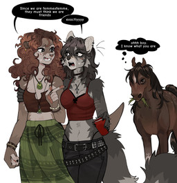 5_fingers ambiguous_gender anthro biped black_mane black_tail bottomwear braces brown_body brown_fur brown_hair brown_tail claws clenched_teeth clothed clothed_anthro clothed_female clothing countershade_fur countershade_torso countershading dialogue eye_contact female feral finger_claws fingers front_view fully_clothed fully_clothed_anthro fully_clothed_female fur grey_body grey_eyes grey_fur grey_hair group hair handpaw holding_object jewelry looking_aside looking_at_another mane necklace open_mouth pants paws simple_background smile speech_bubble standing tail talking_to_viewer teeth text tongue topwear trio white_background raccoattack awesome_lesbian_couple_/_evil_and_intimidating_horse i_know_what_you_are angel_(raccoattack) racc_(raccoattack) equid equine horse mammal mustelid otter procyonid raccoon 2025 digital_drawing_(artwork) digital_media_(artwork) english_text hi_res