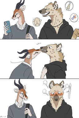 anthro blush blush_lines bodily_fluids cellphone chain_necklace clothing collar collared_shirt duo ear_piercing electronics embarrassed eyelashes fangs gauged_ear hoodie jewelry kemono kiss_on_lips kissing looking_at_object looking_at_phone male male/male necklace phone pictogram piercing shirt surprise_kiss surprised sweat sweatdrop sweater teeth topwear torn_ear riseidokokana antelope bovid gazelle hyena mammal spotted_hyena 2:3 comic hi_res pictographics