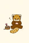 biped black_eyes brown_body candy chibi dessert dot_eyes eating feral food kemono musical_note musical_symbol simple_background sitting solo symbol shi_nominmin ailurid mammal red_panda 2024 hi_res