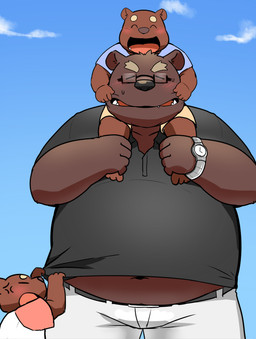 ambiguous_gender angry anthro belly blush bottomwear clothing eyes_closed group kemono male navel overweight overweight_male pants shirt shorts sitting topwear young young_anthro 12beat13 bear mammal 2015 father_(lore) father_and_child_(lore) parent_(lore) parent_and_child_(lore)