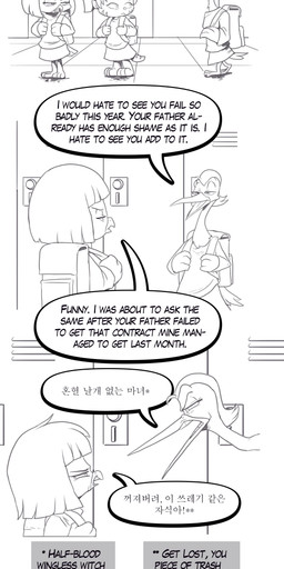 angry anthro backpack barefoot bottomwear clothing dialogue feet female group locker skirt speech_bubble sweater text topwear trio turtleneck nauyaco forestdale izabell_carroll_(forestdale) sora_jeon_(forestdale) avian bird domestic_cat felid feline felis heron mammal oscine passerine pelecaniform sparrow absurd_res english_text hi_res korean_text long_image tall_image