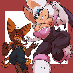 anthro big_breasts blue_eyes breasts duo female fur male male/female white_body white_fur thicken_oolong wuwutim ratchet_and_clank sega sonic_the_hedgehog_(series) sony_corporation sony_interactive_entertainment ratchet_(ratchet_and_clank) rouge_the_bat bat lombax mammal 1:1 absurd_res crossover hi_res