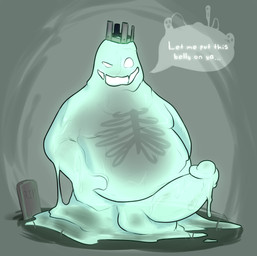 balls belly big_balls big_penis crown dialogue genitals hand_on_belly hand_on_own_belly headgear huge_penis looking_at_viewer male not_furry penis simple_background slime solo talking_to_viewer text tombstone thedivinetemple oomaaag_(himeros) ghost goo_creature spirit english_text hi_res